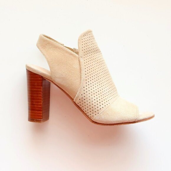 Via Spiga Beige Suede Leather Peep Toe Block Heel Perforated Bootie Shoes 5.5 - Picture 8 of 16